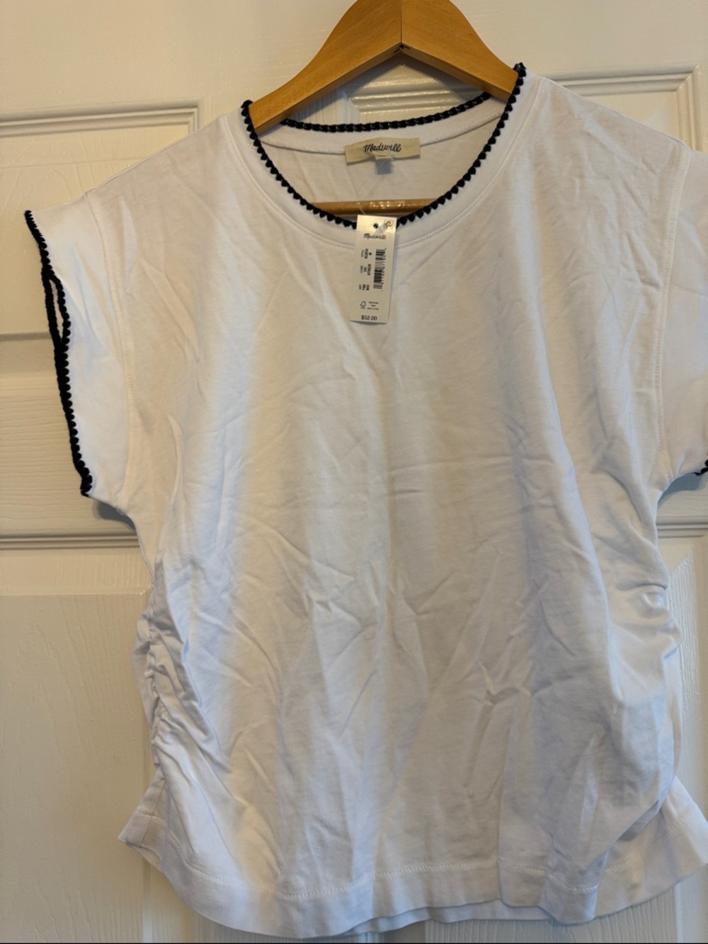 Madewell White Short-Sleeve Tee with Black Trim. Embroidery on neck and sleeves